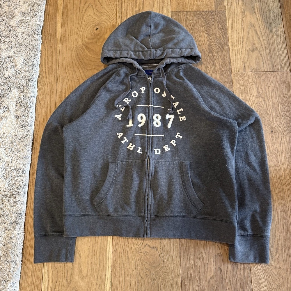 Vintage Aeropostale Hoodie Mens XL Gray Full Zip 1987 Athletic Dept Graphic Y2K